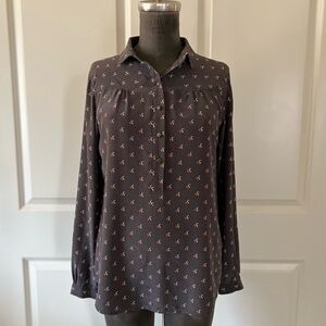 Fossil 100% Silk Bird Print Popover Blouse | Swan Motif | Long Sleeve